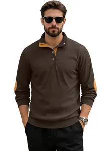 Detail of men's brown corduroy Henley shirt with contrast elbow patches and buttons