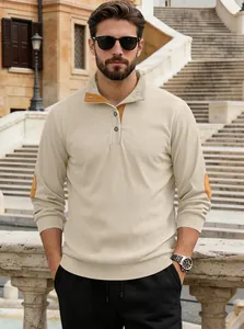 Close-up of corduroy henley shirt featuring contrast suede patches on elbows and collar
