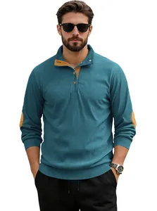Detailed view of men's Henley neck sweatshirt with brown elbow patches and corduroy texture