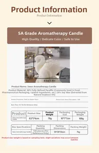 Detailed swan scented candle specs including paraffin soy wax blend and 15h burn time