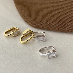 Elegant gold and silver S925 sterling silver hoop earrings with rectangular zircon