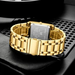 Square gold men's waterproof quartz watch with stainless steel case back details