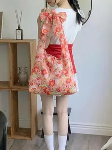 Women Floral Print Shoulder Bag Polyester Fabric Large Capacity Bowknot Strap Korean Style Summer Casual Tote