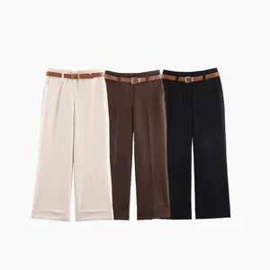 High Waisted Wide Leg Pants Women Solid Color Cuffed Hem Trousers With Belt Chic Office Casual Straight Leg Synthetic Fiber