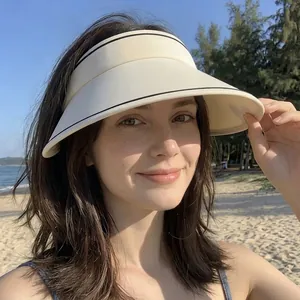 Chapeau de soleil à large bord beige pour femme avec bordure noire pour la plage
