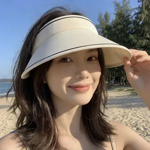 Women's wide brim sun hat in beige with black trim for outdoor beach protection