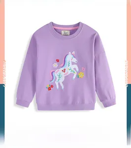 Detail of embroidered unicorn and floral pattern on girls' purple cotton sweatshirt