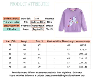 Detailed size chart and fabric properties for unicorn embroidered girl sweatshirt