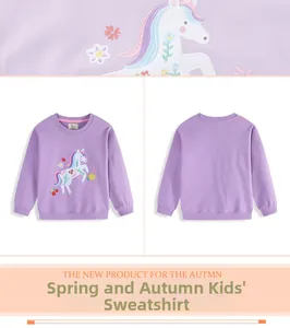 Close-up of unicorn embroidery on purple cotton sweatshirt for toddler girls