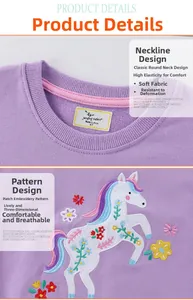 Detail of purple cotton girl sweatshirt featuring unicorn and floral applique embroidery