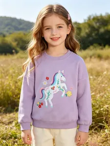Girls Purple Long Sleeve Cotton Sweatshirt Unicorn Floral Embroidery Crew Neck Pullover Casual Knit Top For Toddler Kids
