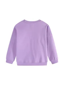 Girl's lavender long sleeve unicorn sweatshirt featuring ribbed cuffs in a flat lay view