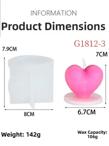 Size chart for heart candle silicone mold with height and weight specifications
