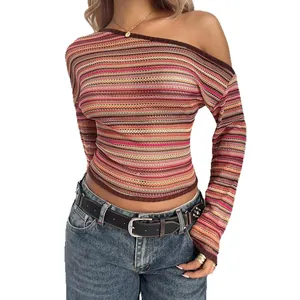 Slim fit off-shoulder long sleeve top with colorful horizontal stripes for women