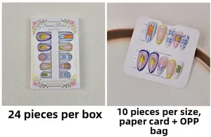 Detail of 24pcs boxed and 10pcs card-packed press-on nails with 3D lemon and fish patterns