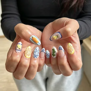 Mediterranean Style Press On Nails Almond Shape Blue White Porcelain Lemon Fish Pattern 3D Embossed Artificial Nails