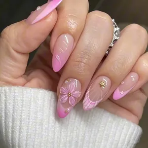 Pink 3D flower press-on nails with long almond shape and pearl decorations