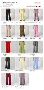 Wide range of colorful loose wide-leg drawstring pants shown in multiple fabric shades