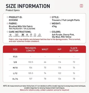 Detailed size chart for women's yoga pants showing measurements and fabric composition