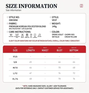 Size chart for yoga sports vest EBX3058 with detailed fabric and measurement data