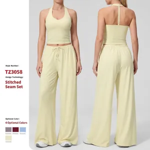 Women Halter Neck Yoga Set Sporty Casual Wide Leg Pants Two Piece Solid Color Brushed Polyester Spandex Fitness Gym Suit
