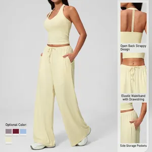Women's 2-piece yoga set with V-neck halter top and high-waist wide-leg pants in light yellow