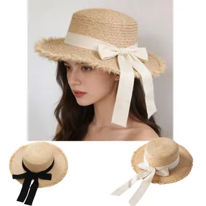 Flat Top Raffia Straw Hat For Women Bow Ribbon Frayed Edge Wide Brim Summer Beach Sun Protection Boater Hat Vacation Accessory