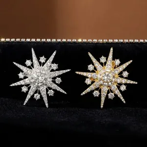 Elegant Starburst Snowflake Brooch For Women Alloy Rhinestone Inlaid Pin Gold Silver Plated Fashion Star Jewelry Accessories