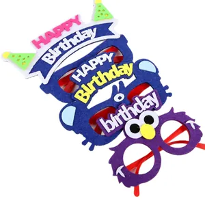 Three-piece fun birthday party glasses set with blue felt hats and purple owl frames