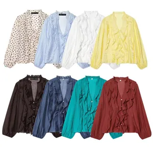 Collage of V-neck chiffon blouses showing eight colors and layered ruffle details
