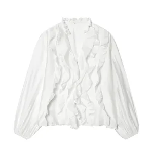 Macro view of white ruffled V-neck chiffon blouse with elegant satin texture and S size label