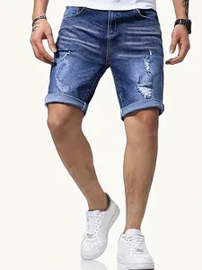 Men's Slim Fit Stretchy Denim Shorts Distressed Ripped Jean Shorts With Cuffed Hem For Summer Casual Daily Wear Blue