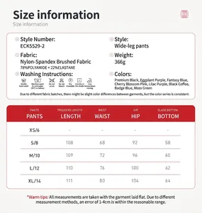 Guide des tailles pour pantalon de sport large brossé avec détails du tissu et mesures