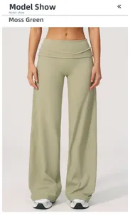 Pantalon de yoga vert mousse à jambes larges avec taille haute rabattable et tissu brossé