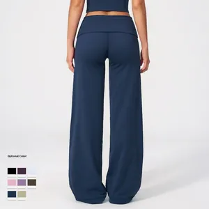 Pantalon de yoga bleu marine à jambe large avec taille haute repliée et coupe sport