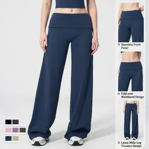 Pantalon de yoga bleu foncé pour femmes avec taille rabattue et jambes larges