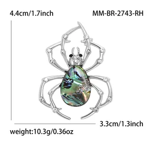 Vintage spider brooch with colorful abalone shell and crystal stones on silver alloy