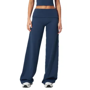 Pantalon de yoga large bleu marine pour femme avec large taille haute rabattable