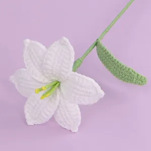 Handmade crochet white lily flower with green leaves for home decor and gifts