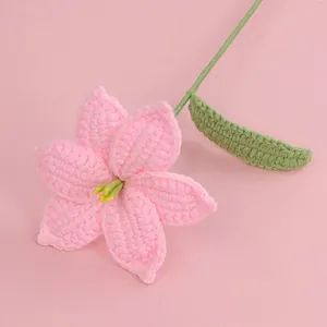 Handmade crochet pink lily flower with green leaves for home decor and unique gifts