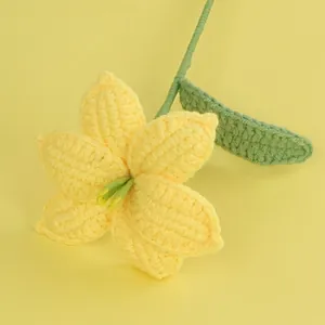Handmade yellow crochet lily flower with green stem for unique gift decoration