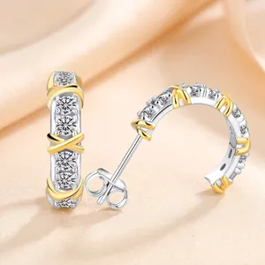 Orecchini a Bottone in Argento Sterling 925 Moissanite Colore D 1 Carato Totale Bicolore Design a Croce X Gioielli di Lusso Donna Con Certificato GRA