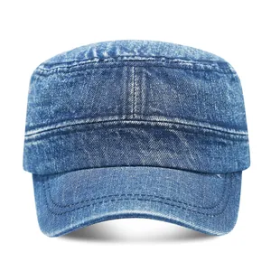 Vintage gewassen blauwe denim militaire pet voor heren en dames met zonnescherm
