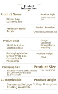 Detailed size chart for acrylic evening clutch bag measuring 19 by 19 by 4.5 cm