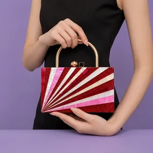 Acrylic Evening Clutch Bag Radiating Stripe Glitter Metal Handle Chain Strap Handbag For Wedding Party
