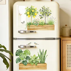 Watercolor lemon tree and potted plants wall stickers on a retro cream refrigerator