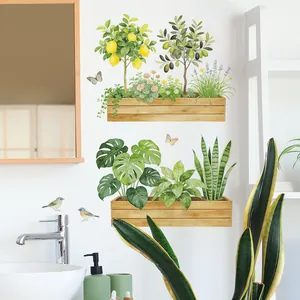 Lemon tree and floral potted plants wall sticker for home decor in garden style