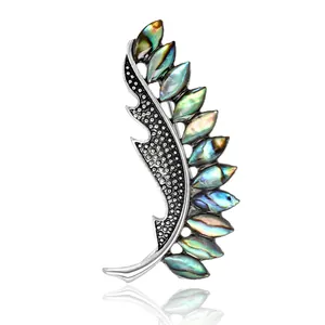 Vintage Feather Abalone Shell Brooch For Women Retro Alloy Inlaid Colorful Pin Fashion Clothing Accessory Elegant Jewelry