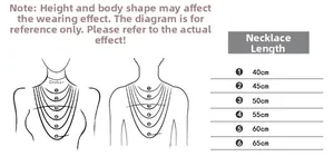 Size chart showing necklace length comparison from 40cm to 65cm for steel jewelry