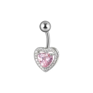 Silver belly button ring with pink heart-shaped zircon and white accent crystals